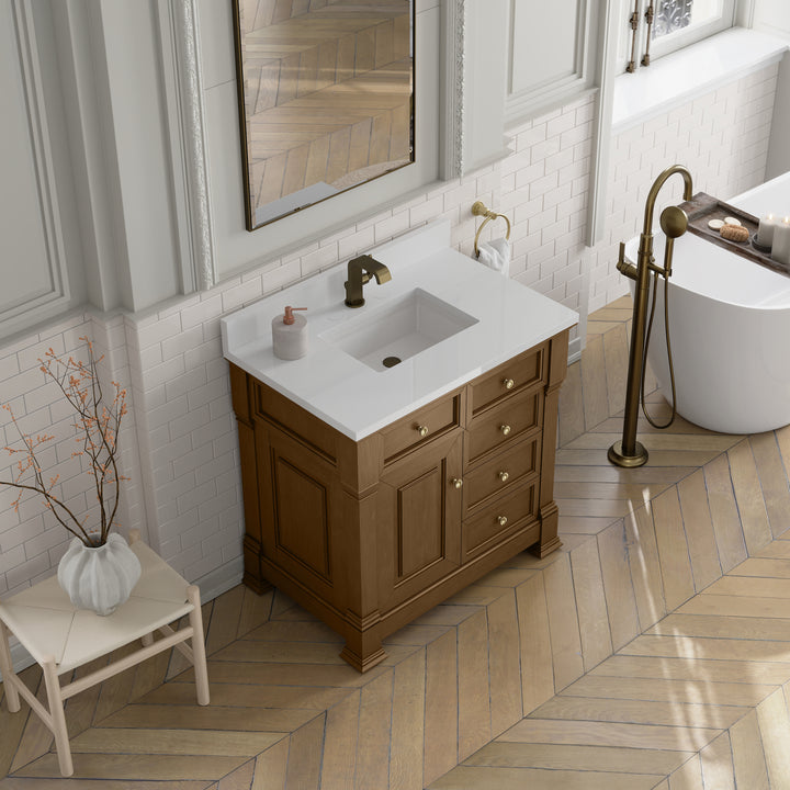 Brookfield 36" Single Vanity, Honey Oak w/ Single Hole 3 CM White Zeus Silestone® Top & Backsplash