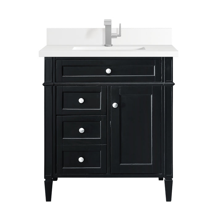 Brittany 30" Single Vanity, Black Onyx, w/ Single Hole 3 CM White Zeus Silestone Top & Backsplash