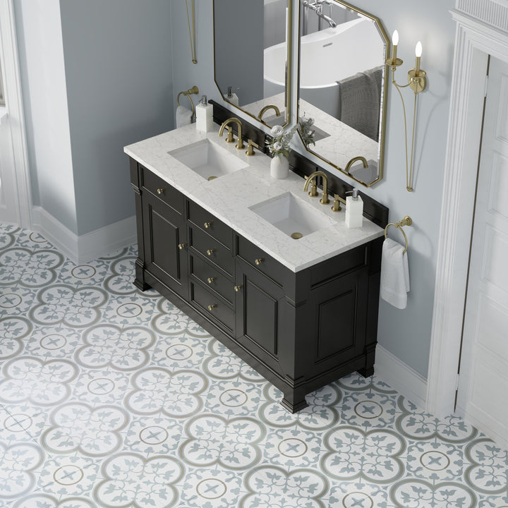 Brookfield 60" Double Vanity, Black Onyx w/3 CM Eternal Jasmine Pearl Silestone® Top