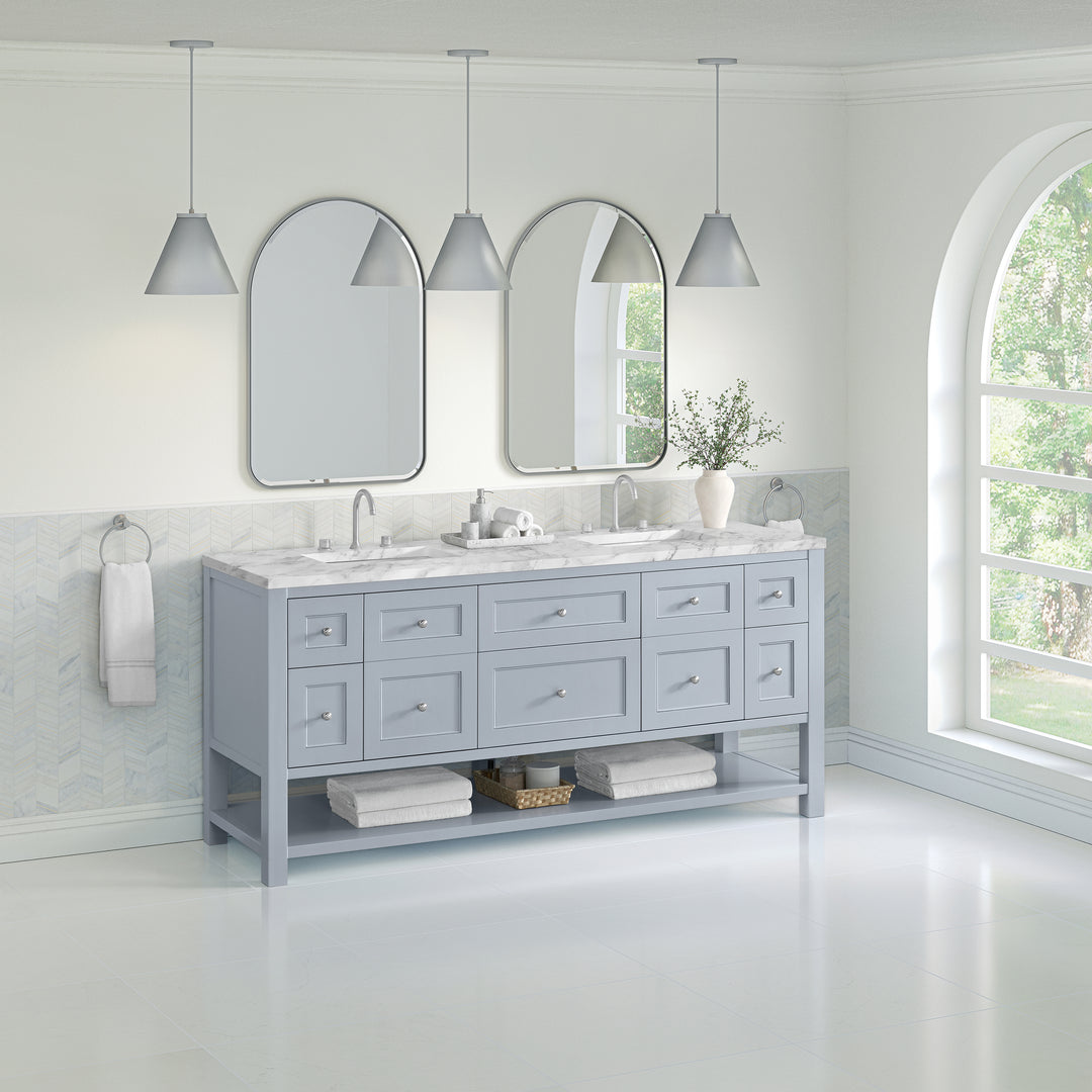 Breckenridge 72" Double Vanity, Serenity Blue, w/ 3 CM Carrara Marble Top