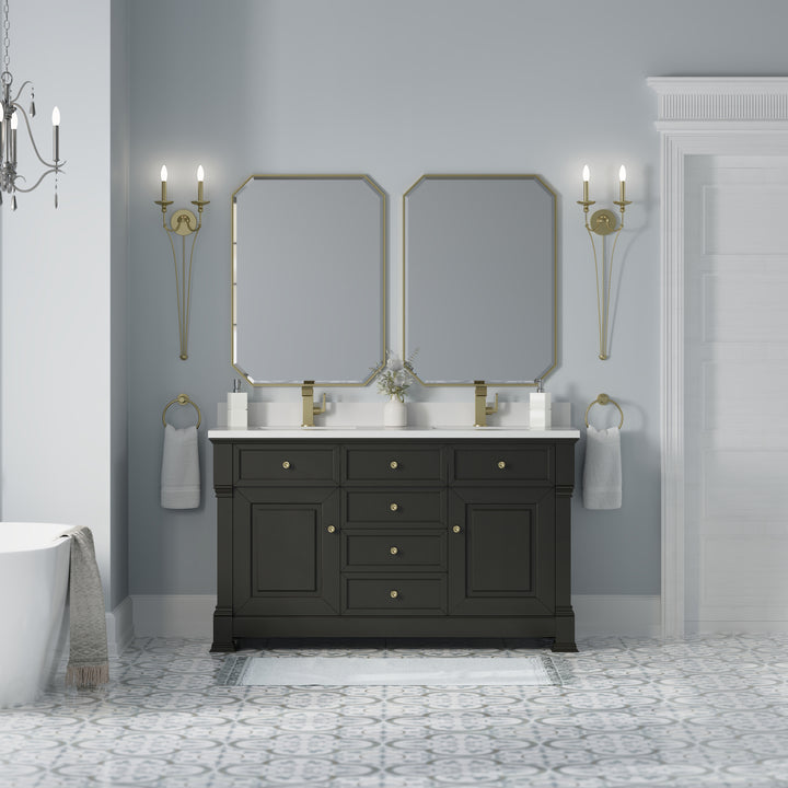 Brookfield 60" Double Vanity, Black Onyx w/ Single Hole 3CM White Zeus Silestone® Top & Backsplash