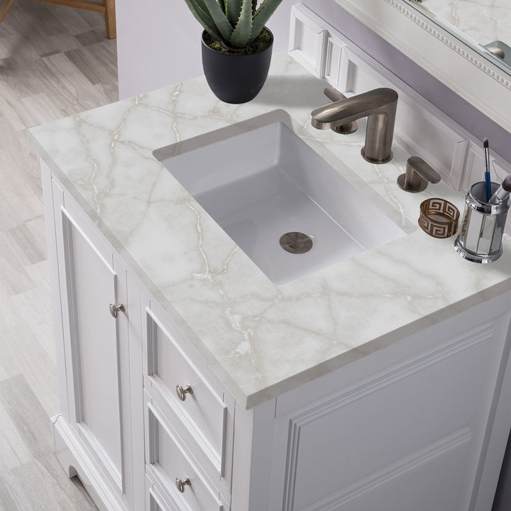 De Soto 30" Single Vanity, Bright White w/ 3 CM Victorian Silver Silestone Top