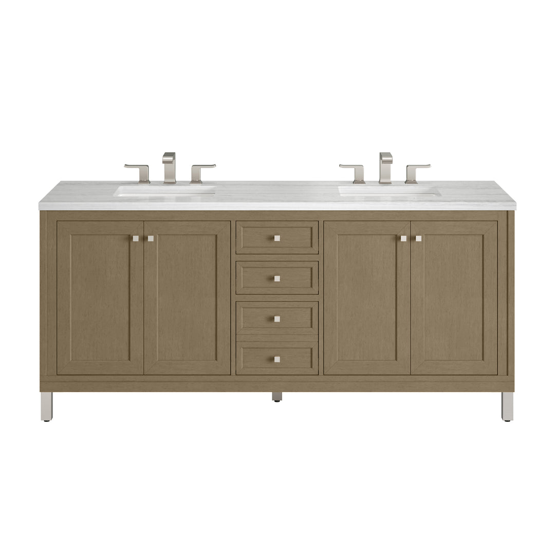 Chicago 72" Double Vanity, Walnut Whisper, w/ 3 CM Arctic Fall Solid Surface Top