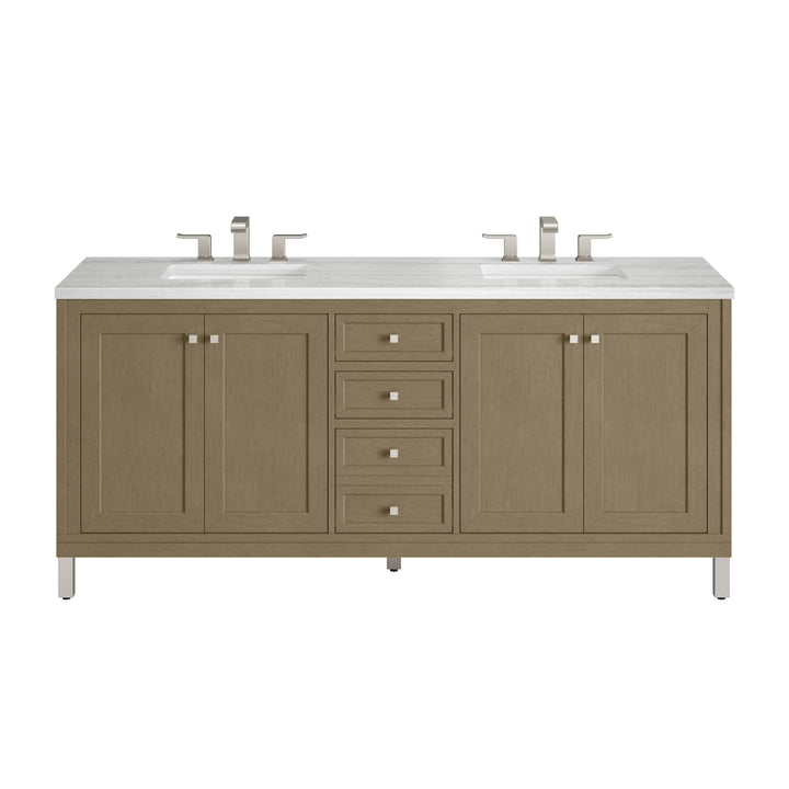 Chicago 72" Double Vanity, Walnut Whisper, w/ 3 CM Arctic Fall Solid Surface Top