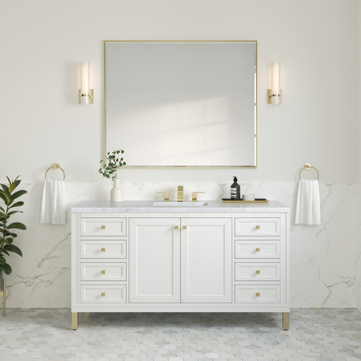 Chicago 60" Single Vanity, Glossy White, w/ 3 CM Carrara Marble Top