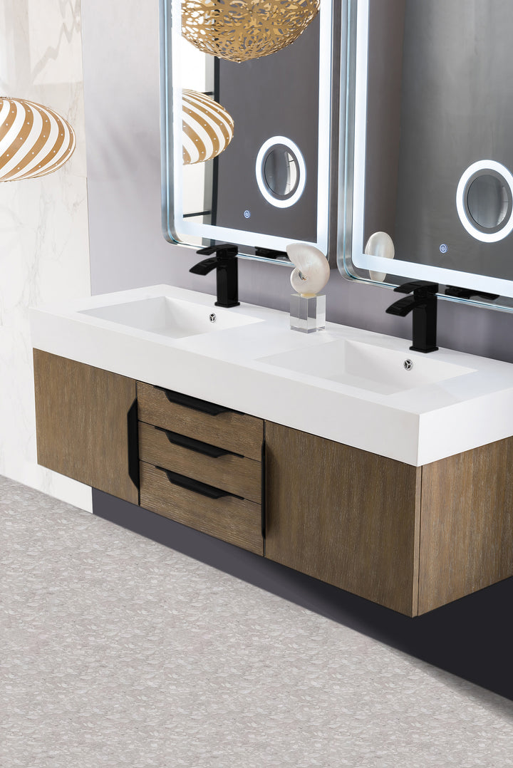 Columbia 59" Double Wall Mount Vanity, Latte Oak, Matte Black w/ Glossy White Composite Stone Top