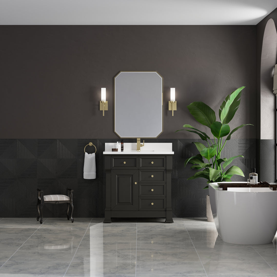 Brookfield 36" Single Vanity, Black Onyx w/ Single Hole 3 CM White Zeus Silestone® Top & Backsplash