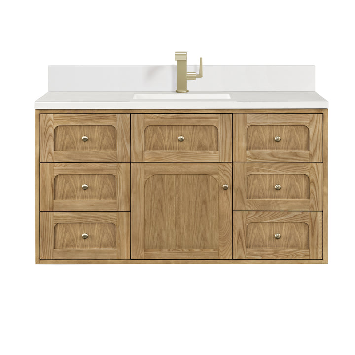 Laurent 48" Single Vanity, Light Natural Oak w/ Single Hole 3 CM White Zeus Top & Backsplash