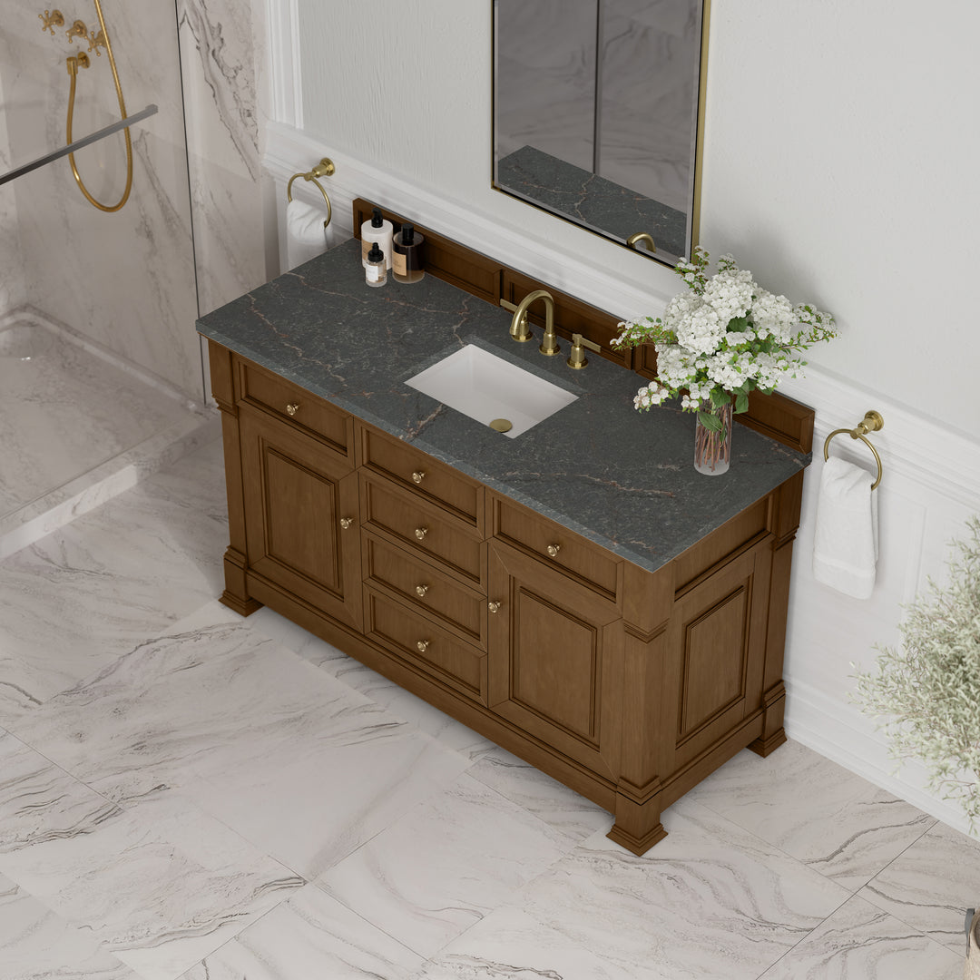 Brookfield 60" Single Vanity, Honey Oak w/ 3 CM Parisien Bleu Silestone Top w/ FreePower Wireless Charger