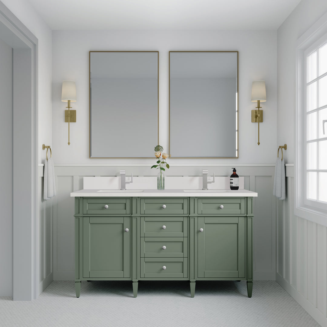 Brittany 60" Double Vanity, Smokey Celadon w/ Single Hole 3 CM White Zeus Top & Backsplash