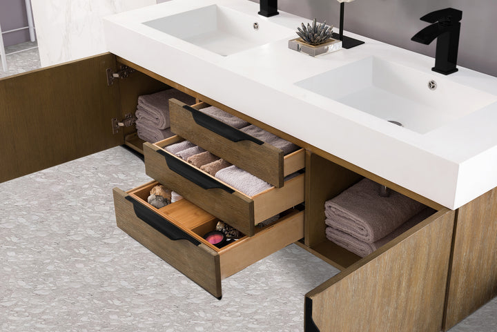 Columbia 59" Double Wall Mount Vanity, Latte Oak, Matte Black w/ Glossy White Composite Stone Top