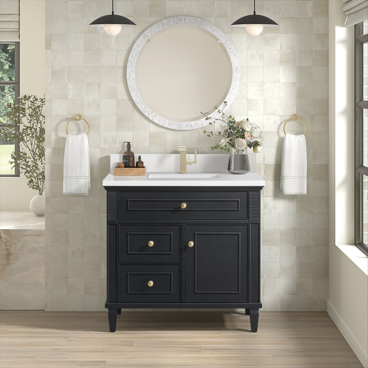 Lorelai 36" Single Vanity, Black Onyx w/ Single Hole 3 CM White Zeus Silestone Top & Backsplash
