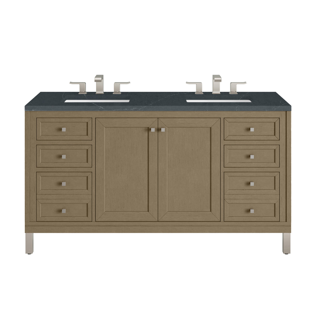 Chicago 60" Double Vanity, Walnut Whisper, w/ 3 CM Charcoal Soapstone Silestone® Top