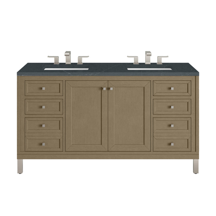 Chicago 60" Double Vanity, Walnut Whisper, w/ 3 CM Charcoal Soapstone Silestone® Top