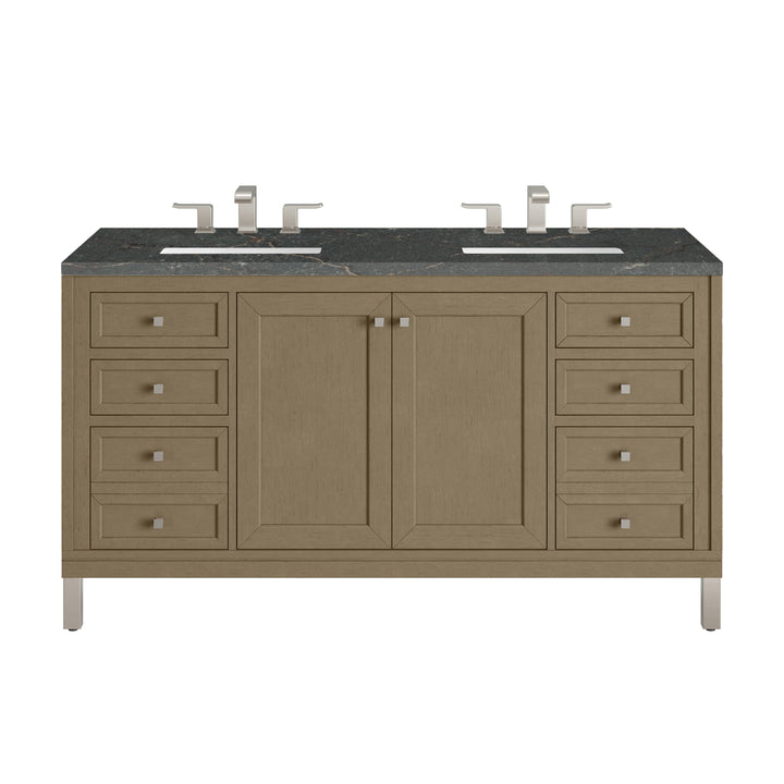 Chicago 60" Double Vanity, Walnut Whisper, w/ 3 CM Parisien Bleu Silestone® Top