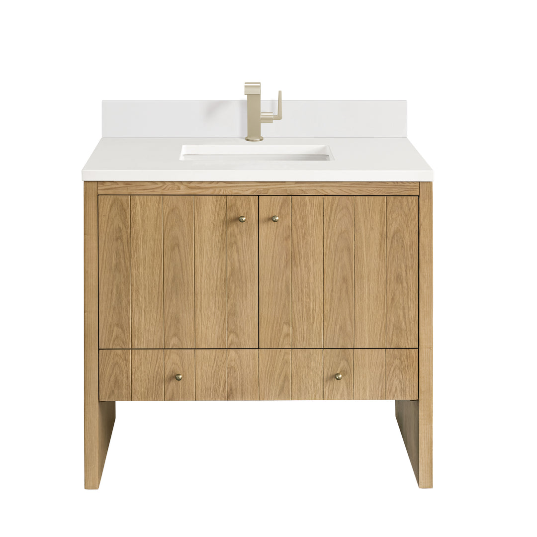 Hudson 36" Single Vanity, Light Natural Oak w/ Single Hole 3 CM White Zeus Top & Backsplash