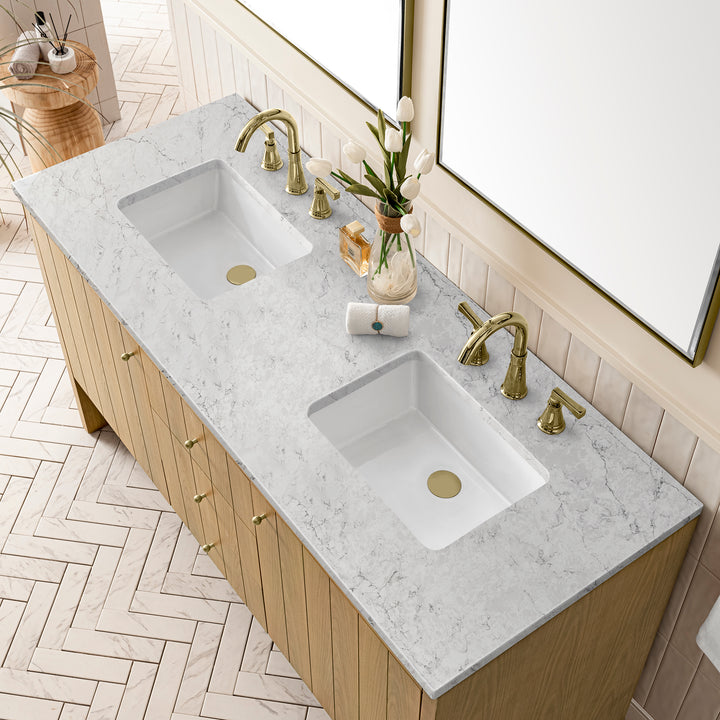 Hudson 60" Double Vanity, Light Natural Oak w/ 3 CM Eternal Jasmine Pearl Top w/FreePower Wireless Charger