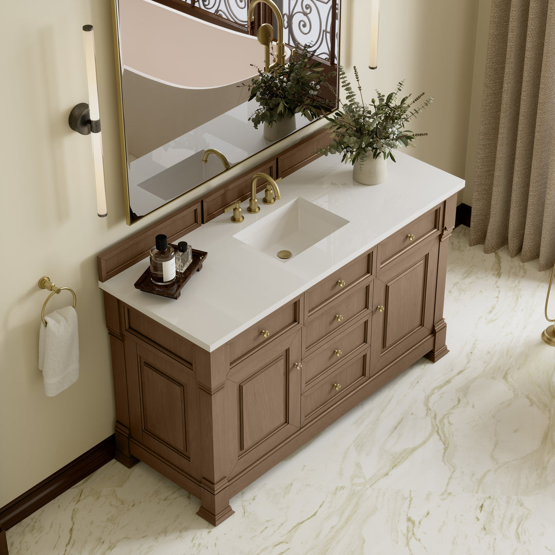 Brookfield 60" Single Vanity, Pecan, w/ 3 CM White Zeus Silestone®  Top