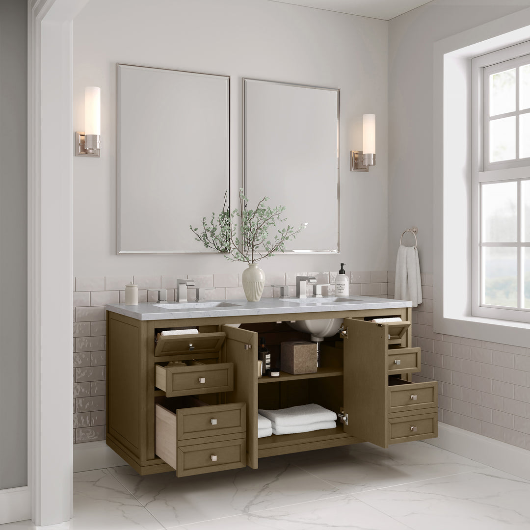 Chicago 60" Double Vanity, Walnut Whisper, w/ 3 CM Carrara Marble Top