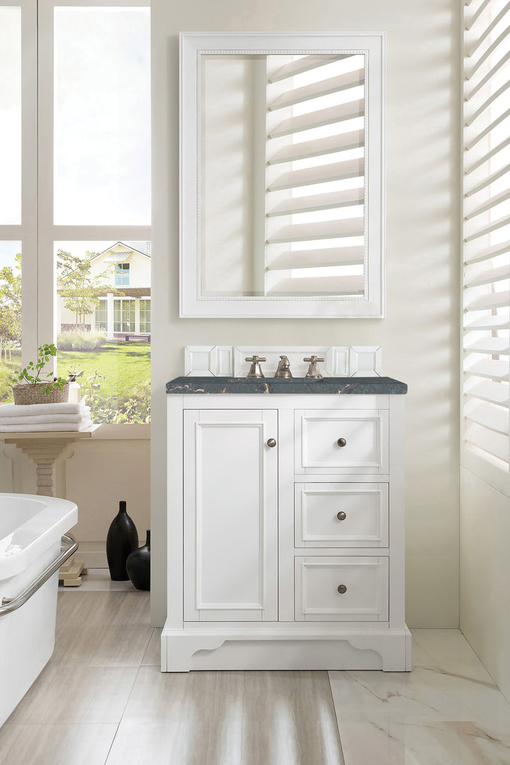 De Soto 30" Single Vanity, Bright White w/ 3 CM Parisien Bleu Silestone Top