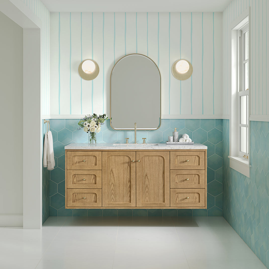 Laurent 60" Single Vanity, Light Natural Oak, w/ 3 CM Eternal Jasmine Pearl Silestone Top w/ FreePower Wireless Charger