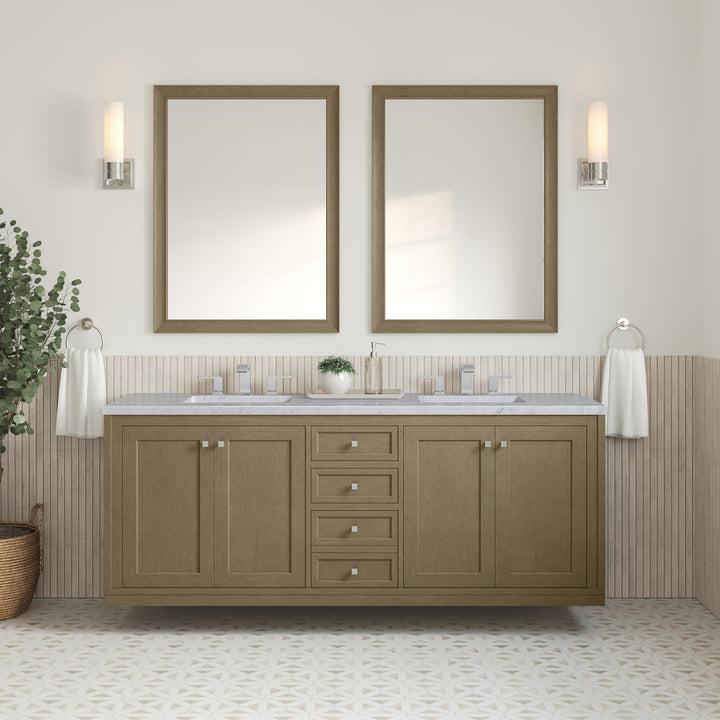Chicago 72" Double Vanity, Walnut Whisper, w/ 3 CM Carrara Marble Top