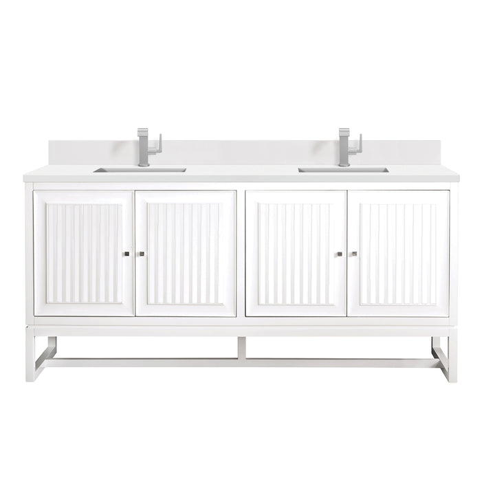 Athens 72" Double Vanity, Glossy White w/ Single Hole 3 CM White Zeus Silestone Top & Backsplash