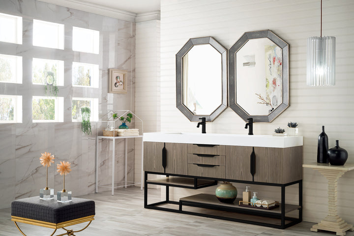 Columbia 72" Double Vanity, Ash Gray, Matte Black w/ Glossy White Composite Stone Top