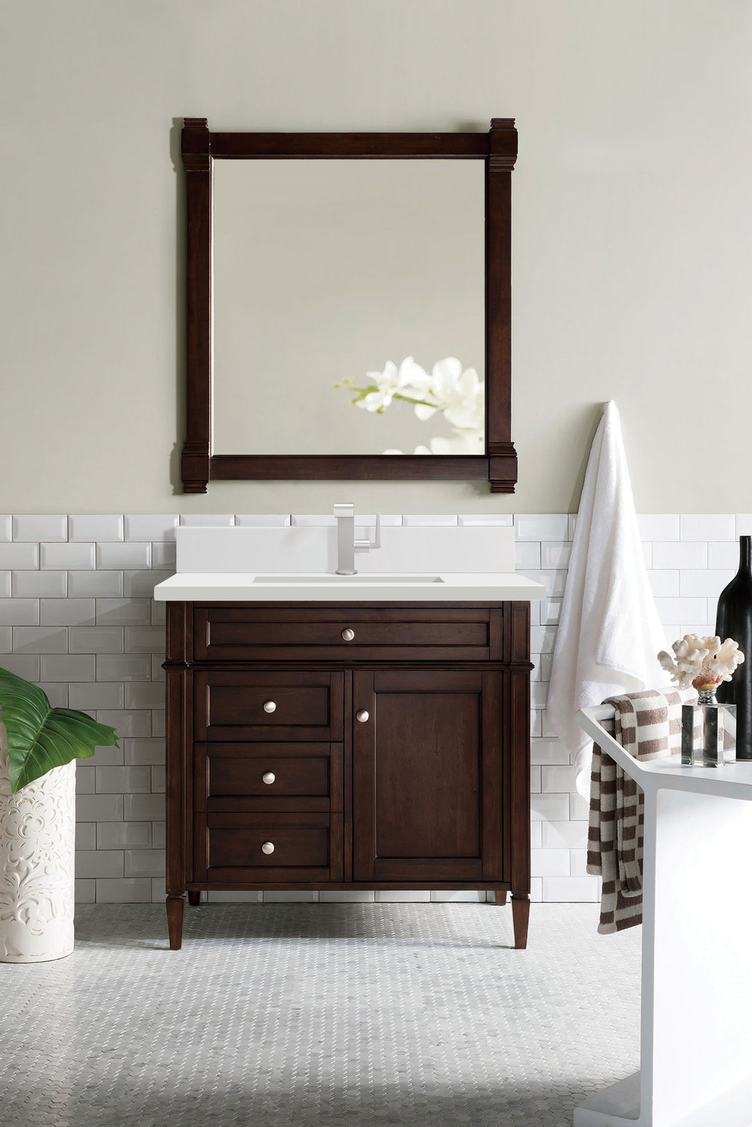 Brittany 36" Single Vanity, Burnished Mahogany w/ Single Hole 3 CM White Zeus Silestone Top & Backsplash