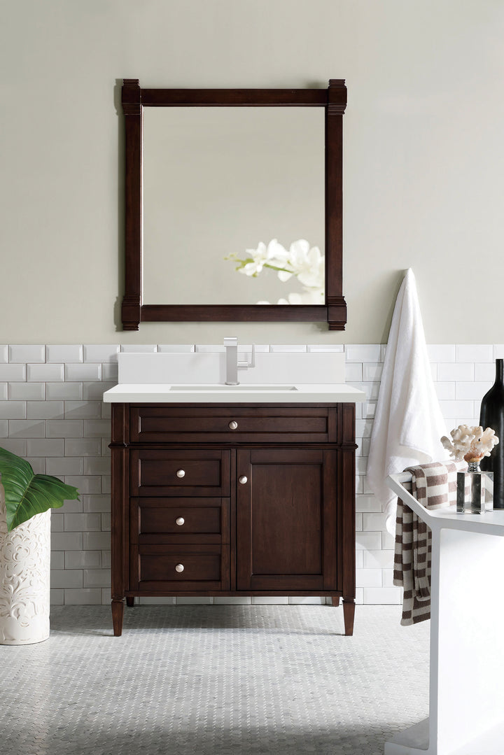 Brittany 36" Single Vanity, Burnished Mahogany w/ Single Hole 3 CM White Zeus Silestone Top & Backsplash
