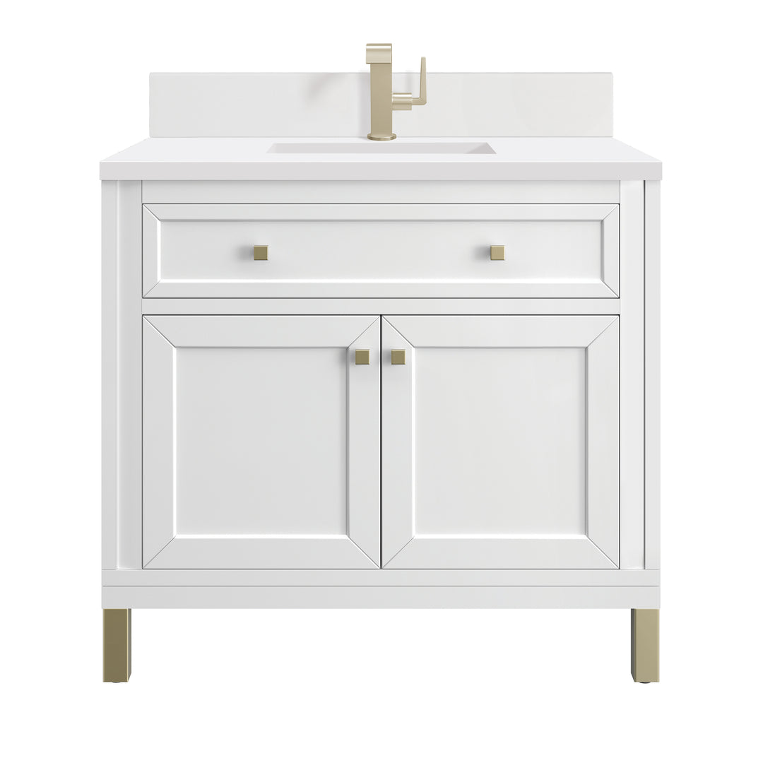 Chicago 36" Single Vanity, Glossy White, w/ Single Hole 3CM White Zeus Silestone® Top & Backsplash