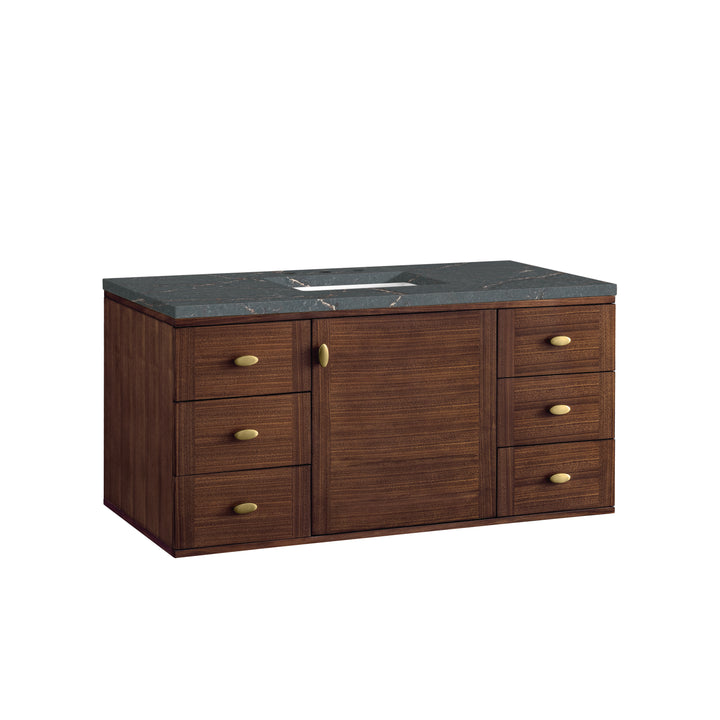 Amberly 48" Single Vanity, Mid-Century Walnut w/ 3 CM Parisien Bleu Top w/FreePower Wireless Charger