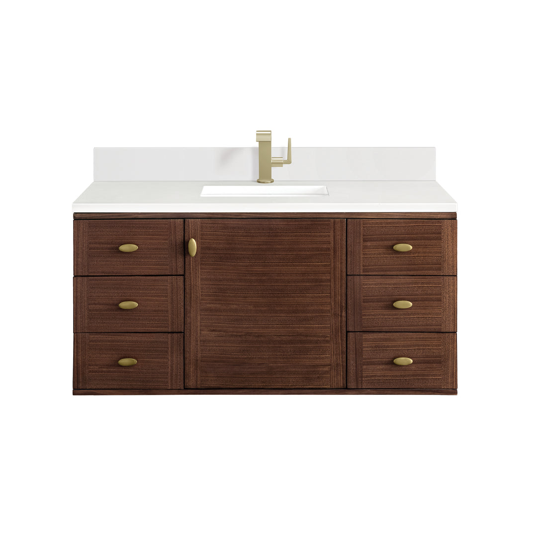 Amberly 48" Single Vanity, Mid-Century Walnut w/ Single Hole 3 CM White Zeus Top & Backsplash