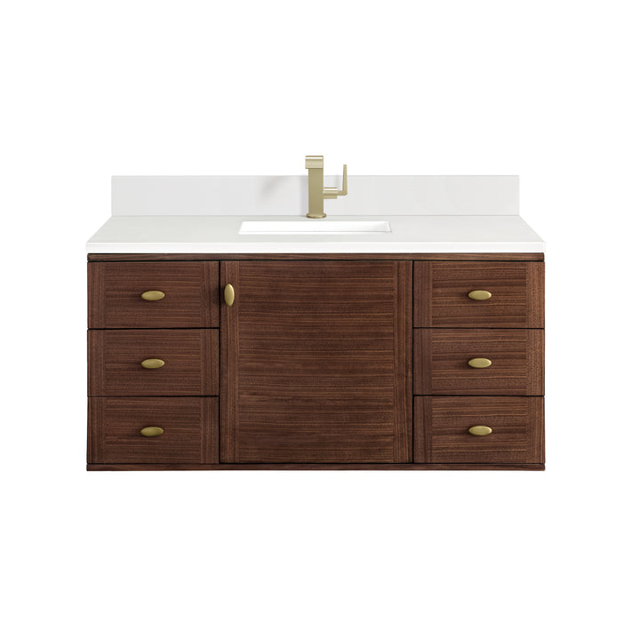 Amberly 48" Single Vanity, Mid-Century Walnut w/ Single Hole 3 CM White Zeus Top & Backsplash