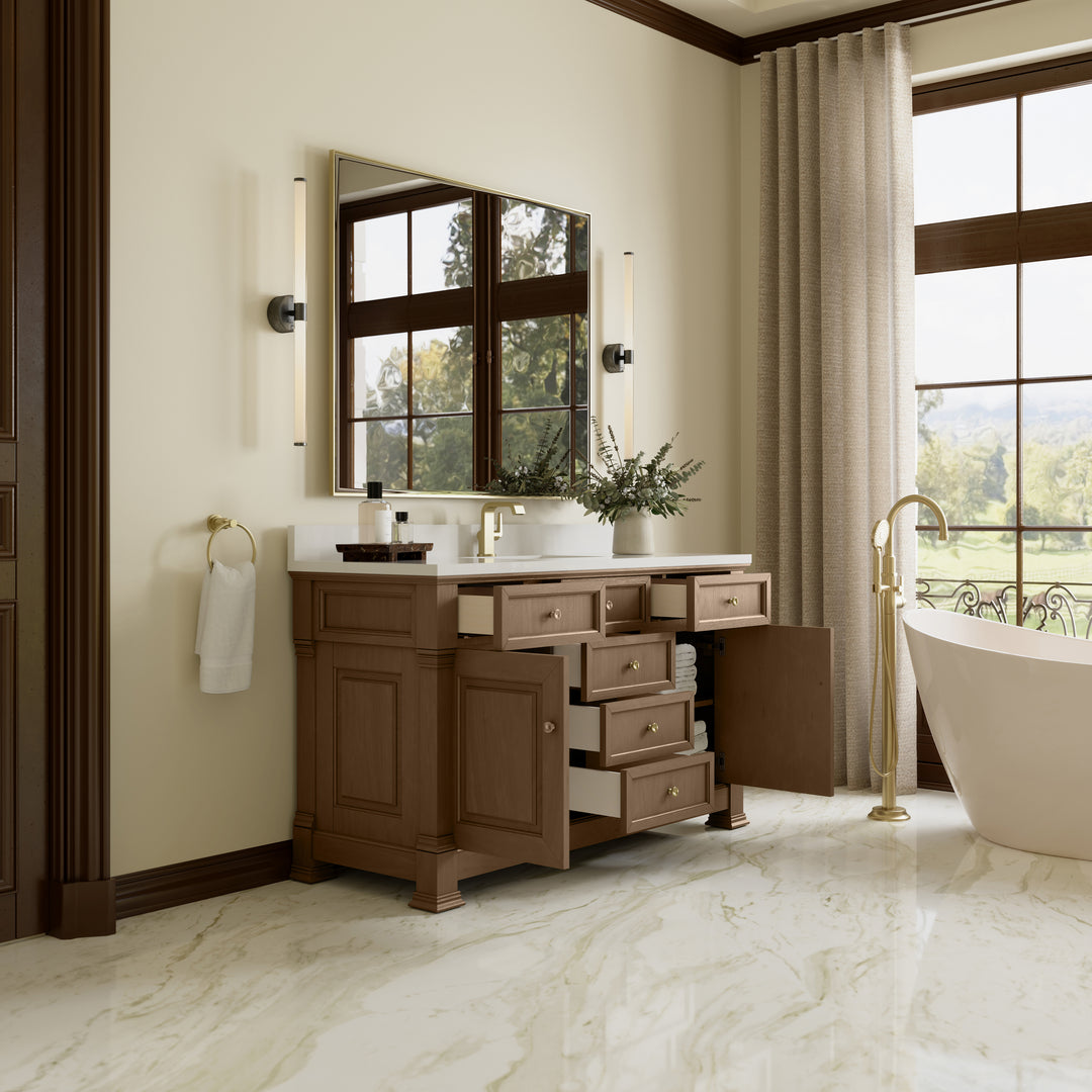 Brookfield 60" Single Vanity, Pecan w/ Single Hole 3CM White Zeus Silestone® Top & Backsplash