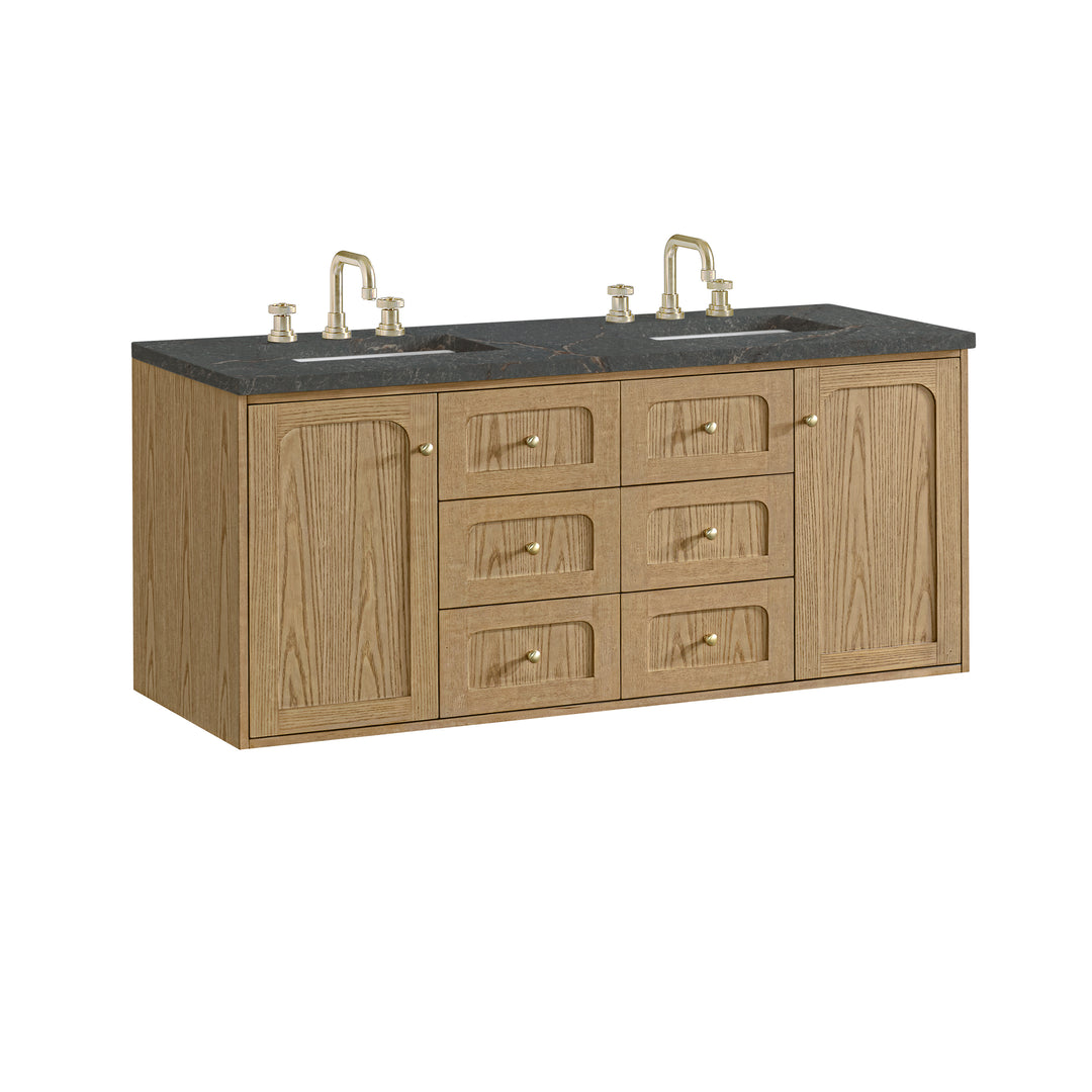 Laurent 60" Double Vanity, Light Natural Oak, w/ 3 CM Parisien Bleu Quartz Top