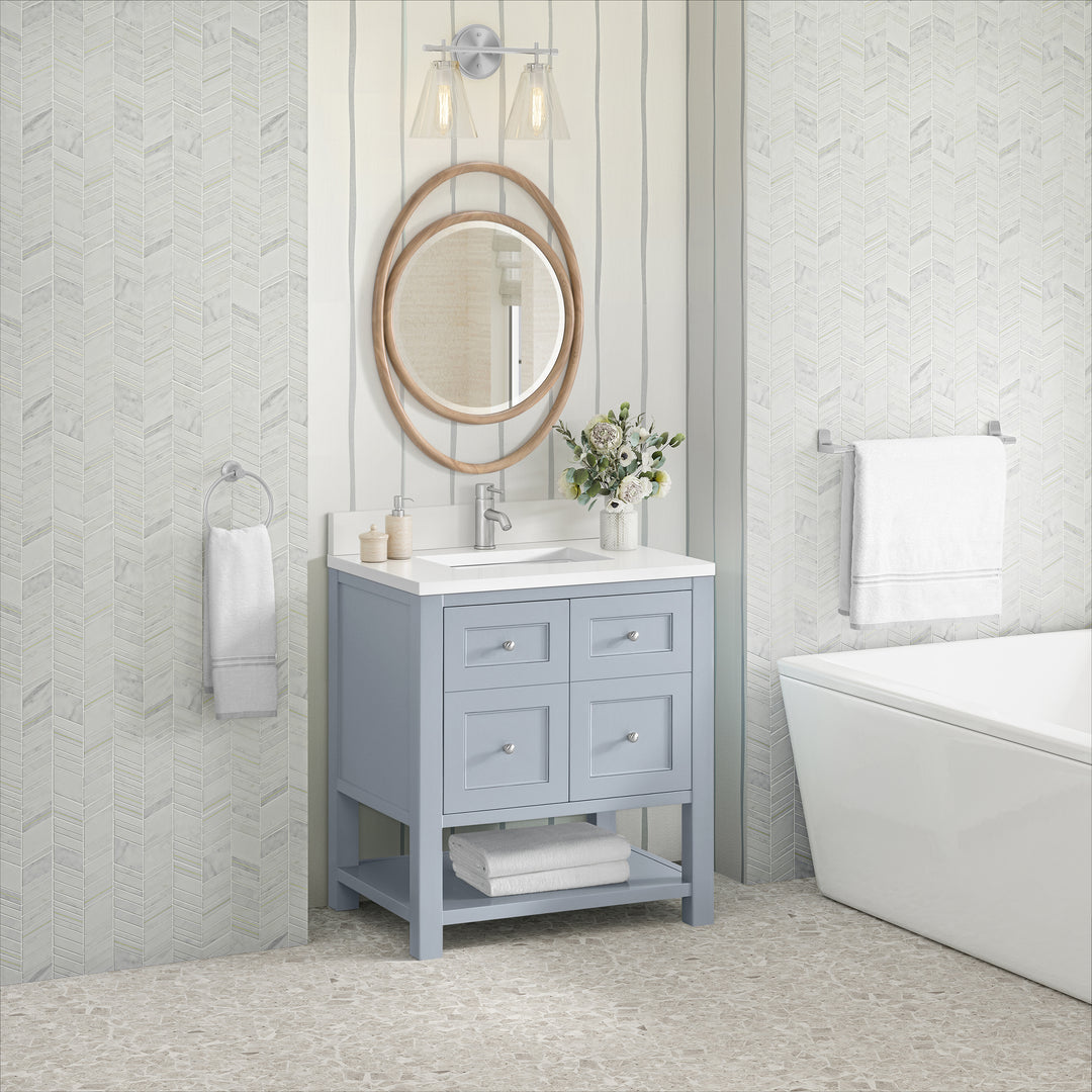 Breckenridge 30" Single Vanity, Serenity Blue, w/ Single Hole 3 CM White Zeus Quartz Top & Backsplash