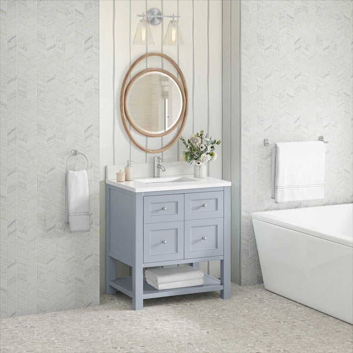 Breckenridge 30" Single Vanity, Serenity Blue, w/ Single Hole 3 CM White Zeus Quartz Top & Backsplash