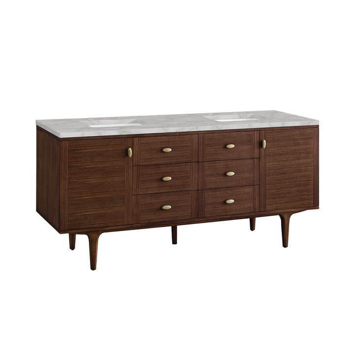 Amberly 72" Double Vanity, Mid-Century Walnut w/ 3 CM Victorian Silver Top w/FreePower Wireless Charger