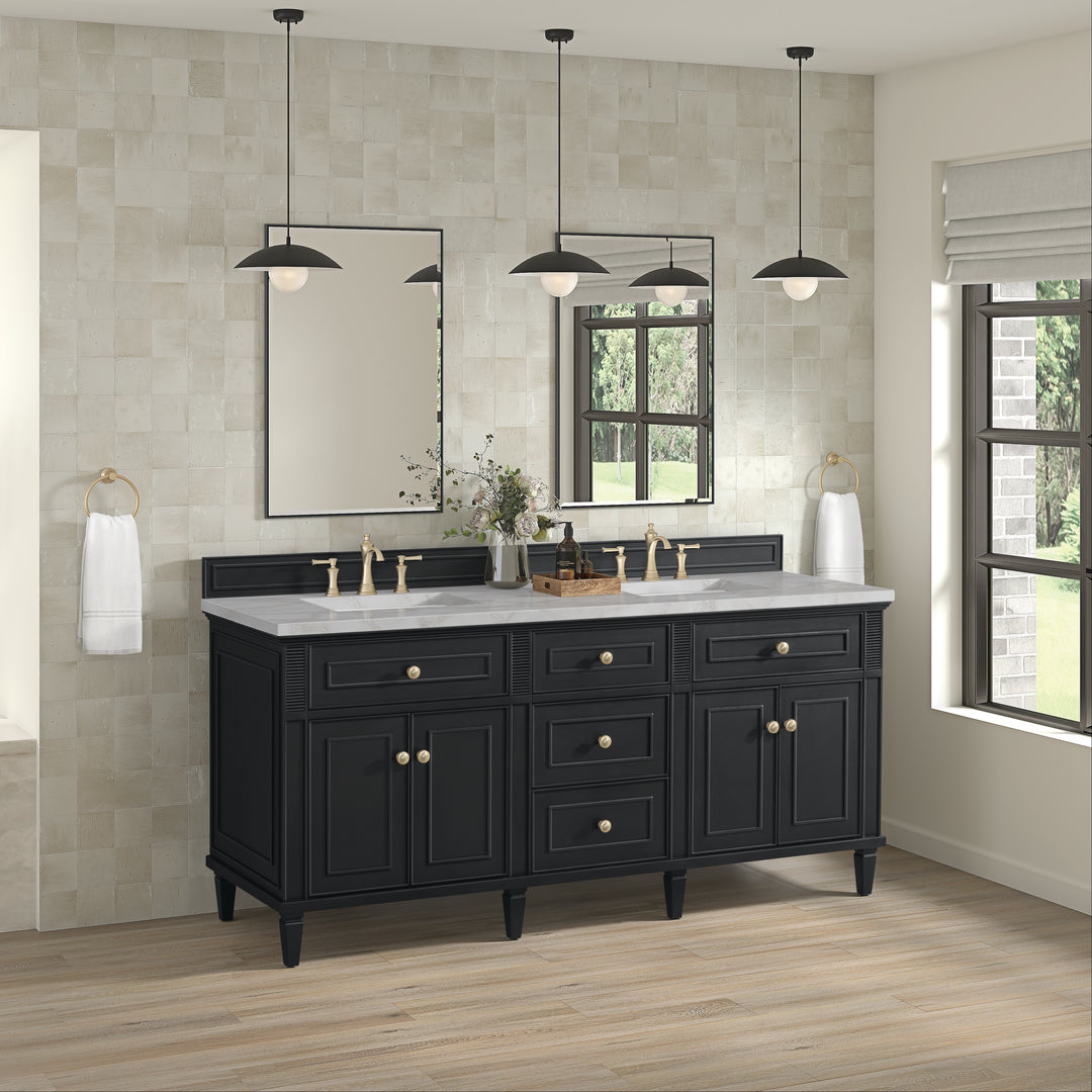 Lorelai 72" Double Vanity, Black Onyx w/ 3 CM Victorian Silver Silestone Top