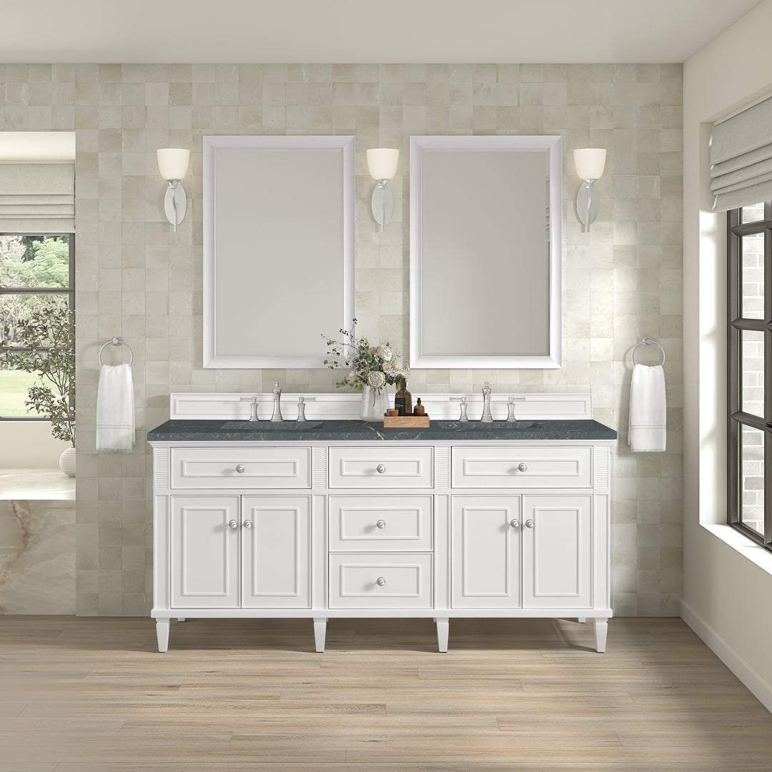 Lorelai 72" Double Vanity, Bright White w/ 3 CM Parisien Bleu Silestone Top w/FreePower Wireless Charger