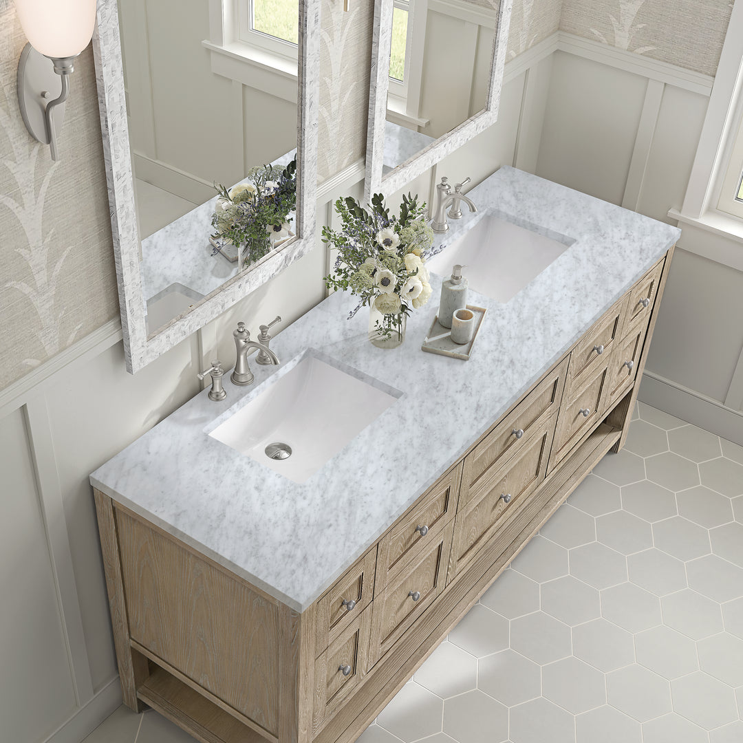 Breckenridge 72" Double Vanity, Whitewashed Oak w/ 3 CM Carrara White Marble Top
