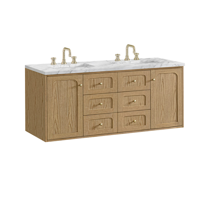 Laurent 60" Double Vanity, Light Natural Oak, w/ 3 CM Carrara Marble Top
