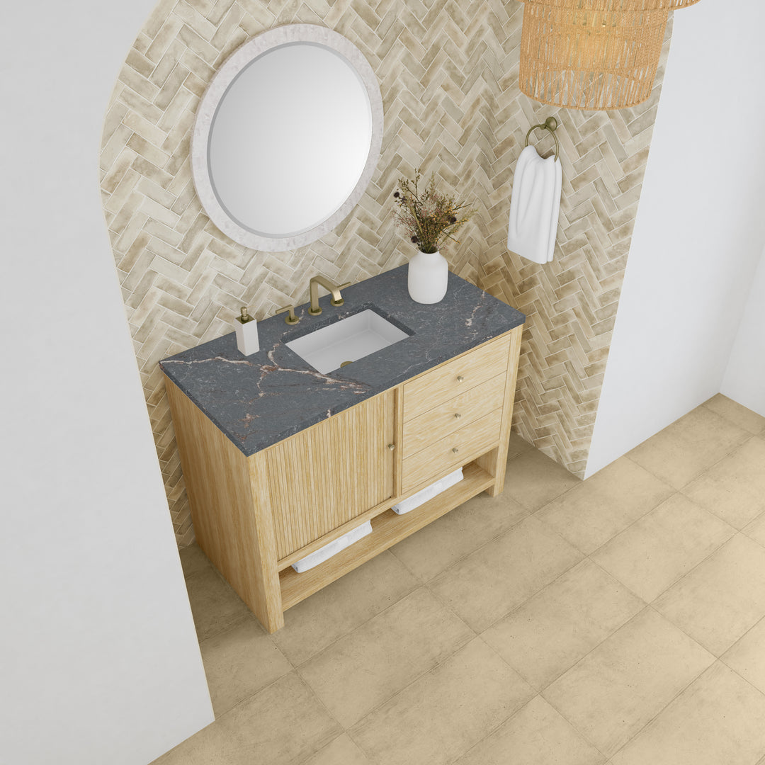 Marigot 48" Single Vanity, Sunwashed Oak w/ 3 CM Parisien Bleu Silestone Top w/ FreePower Wireless Charger