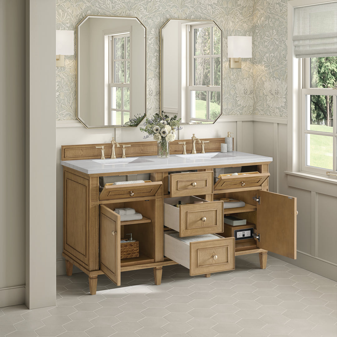 Lorelai 60" Double Vanity, Light Natural Oak w/ 3 CM Arctic Fall Solid Surface Top