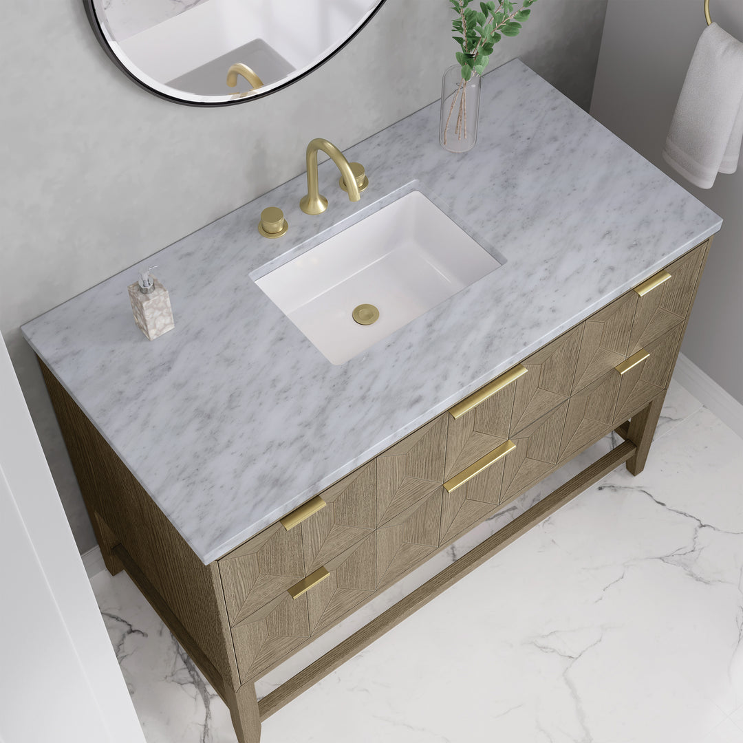 Emmeline 48" Single Vanity, Pebble Oak w/ 3 CM Carrara White Marble Top