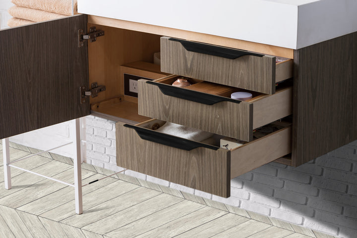 Columbia 36" Single Wall Mount Vanity, Ash Gray, Matte Black w/ Glossy White Composite Stone Top