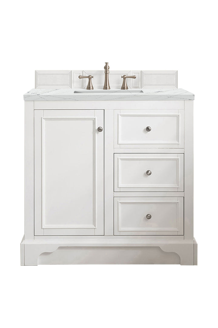 De Soto 36" Single Vanity, Bright White, w/ 3 CM Ethereal Noctis Silestone Top