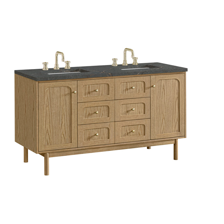 Laurent 60" Double Vanity, Light Natural Oak, w/ 3 CM Parisien Bleu Quartz Top w/FreePower Wireless Charger