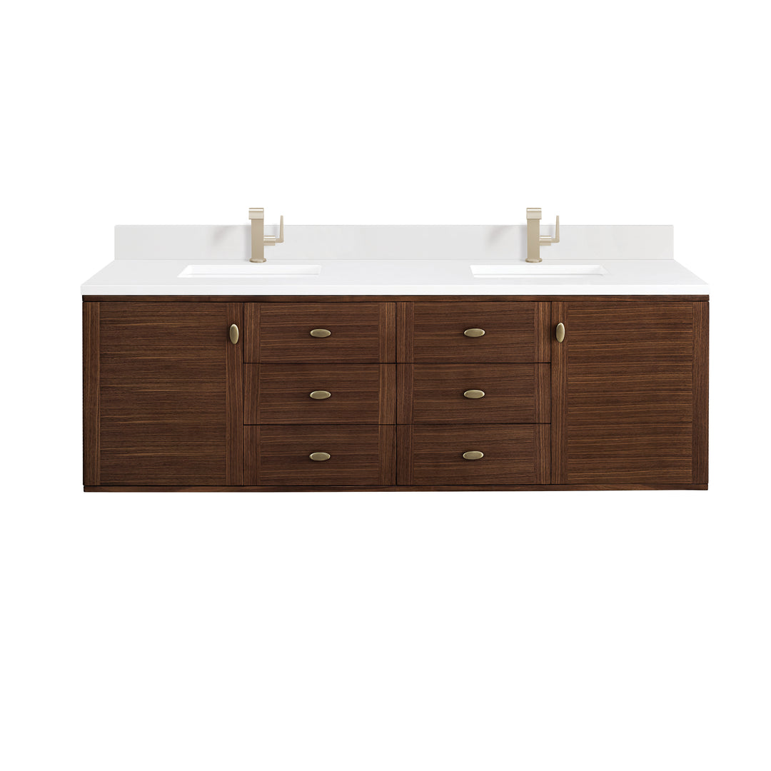Amberly 72" Double Vanity, Mid-Century Walnut w/ Single Hole 3 CM White Zeus Top & Backsplash